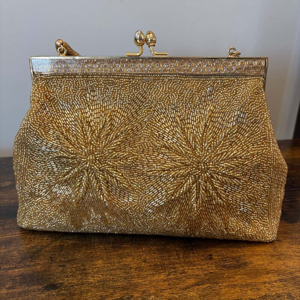 Vintage Gold Beaded Sunburst Starburst Clutch 1950s Kiss Lock Evening Bag